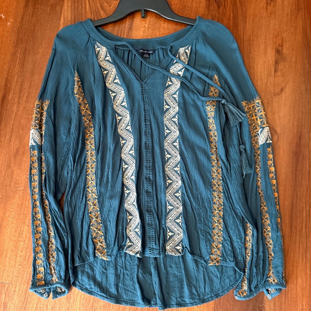 Blue Long Sleeve American Eagle Top with Geometric Patterns- Small